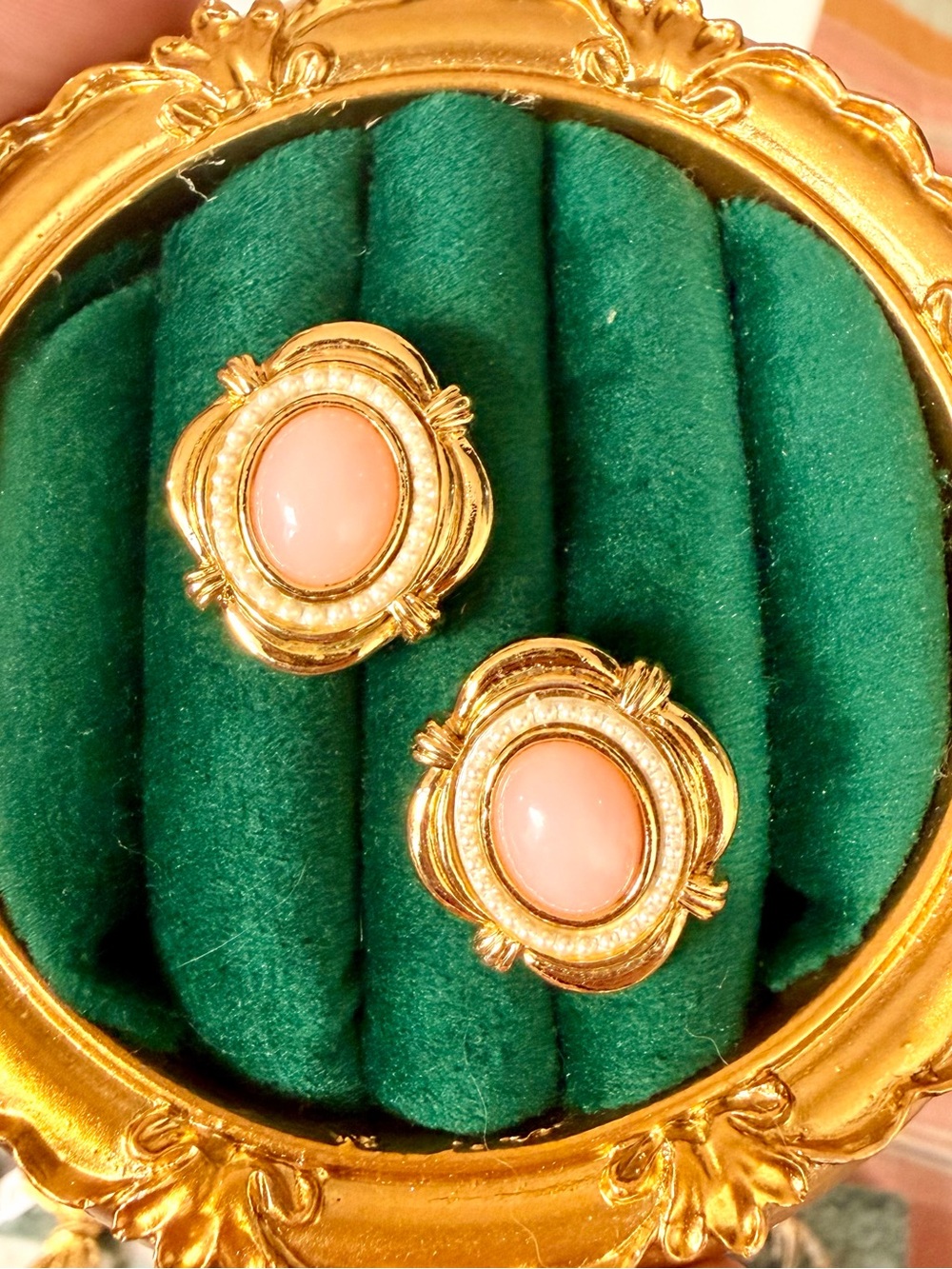 Avon Gold-Tone Earrings with Soft Pink Cabochons